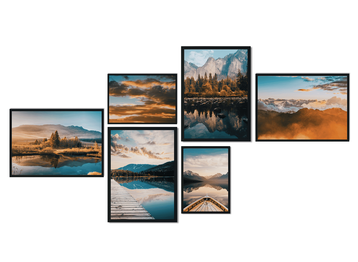 » Bergpanorama mit Sonnenuntergang « Poster Set als Wohnzimmer Deko | 4x A3 + 2x A4 Wandbilder Collage | ohne Rahmen