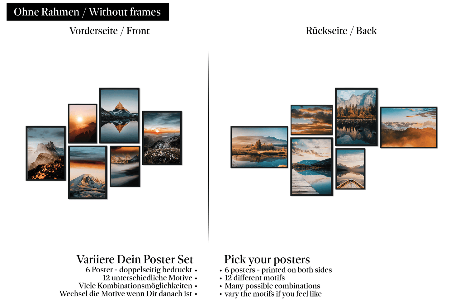 » Bergpanorama mit Sonnenuntergang « Poster Set als Wohnzimmer Deko | 4x A3 + 2x A4 Wandbilder Collage | ohne Rahmen