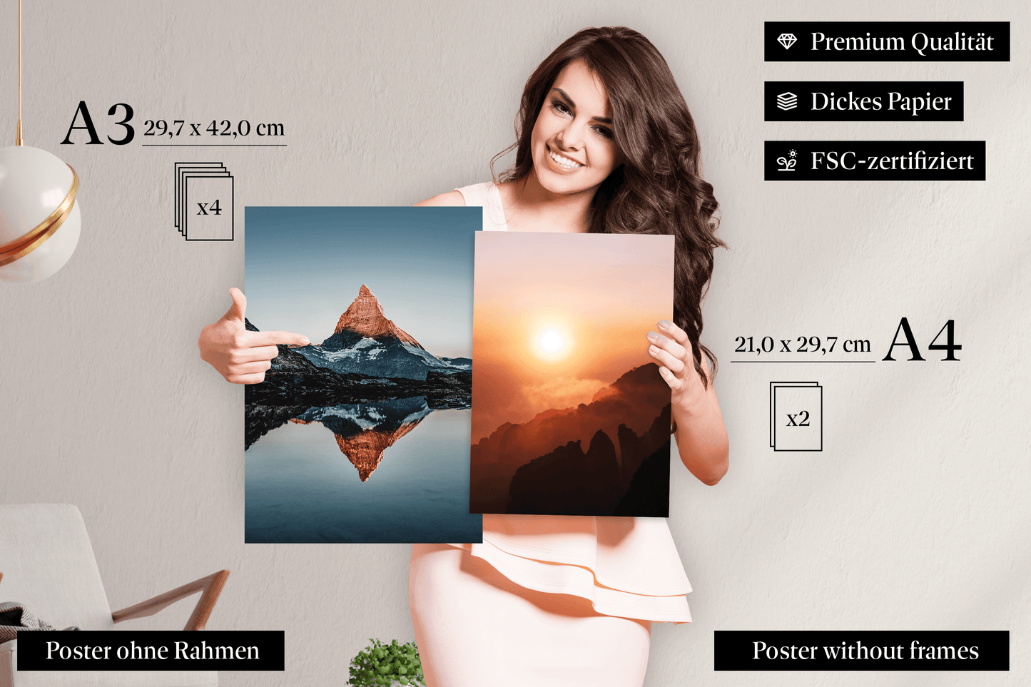 » Bergpanorama mit Sonnenuntergang « Poster Set als Wohnzimmer Deko | 4x A3 + 2x A4 Wandbilder Collage | ohne Rahmen