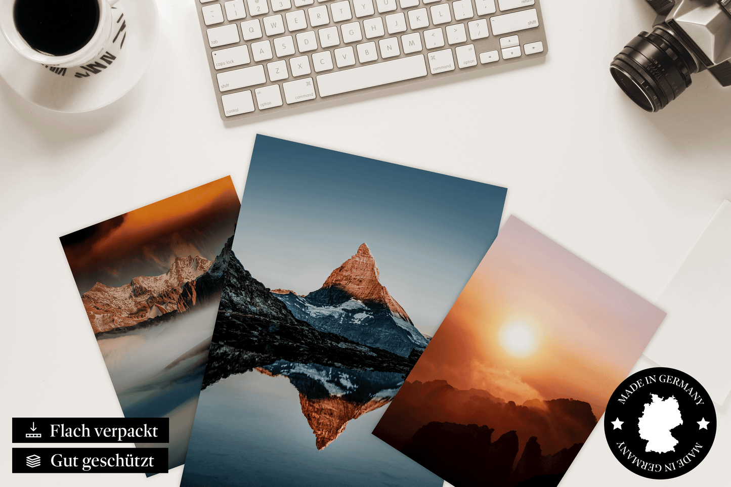 » Bergpanorama mit Sonnenuntergang « Poster Set als Wohnzimmer Deko | 4x A3 + 2x A4 Wandbilder Collage | ohne Rahmen
