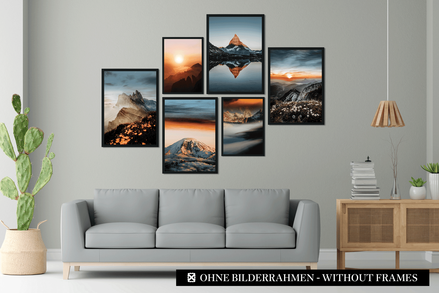 » Bergpanorama mit Sonnenuntergang « Poster Set als Wohnzimmer Deko | 4x A3 + 2x A4 Wandbilder Collage | ohne Rahmen