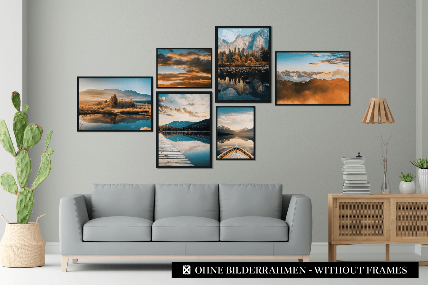 » Bergpanorama mit Sonnenuntergang « Poster Set als Wohnzimmer Deko | 4x A3 + 2x A4 Wandbilder Collage | ohne Rahmen