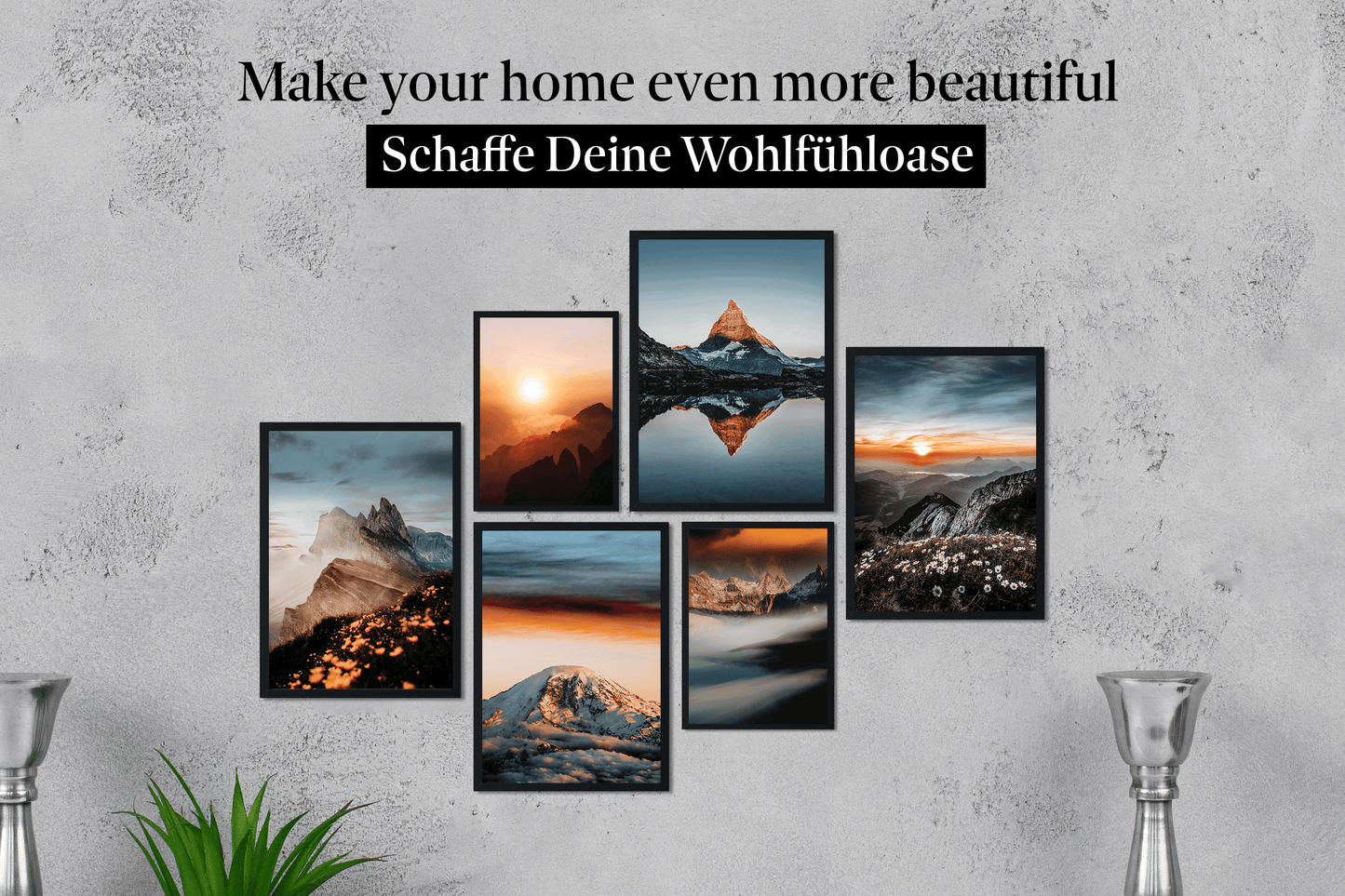 » Bergpanorama mit Sonnenuntergang « Poster Set als Wohnzimmer Deko | 4x A3 + 2x A4 Wandbilder Collage | ohne Rahmen