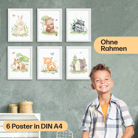 6er Boho Mutter & Baby Waldtiere Poster-Set fürs Kinderzimmer I Babyzimmer Deko