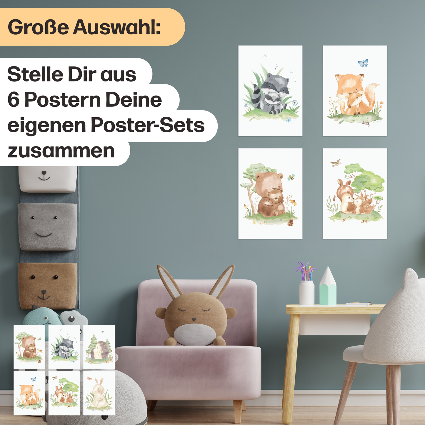 6er Boho Mutter & Baby Waldtiere Poster-Set fürs Kinderzimmer I Babyzimmer Deko