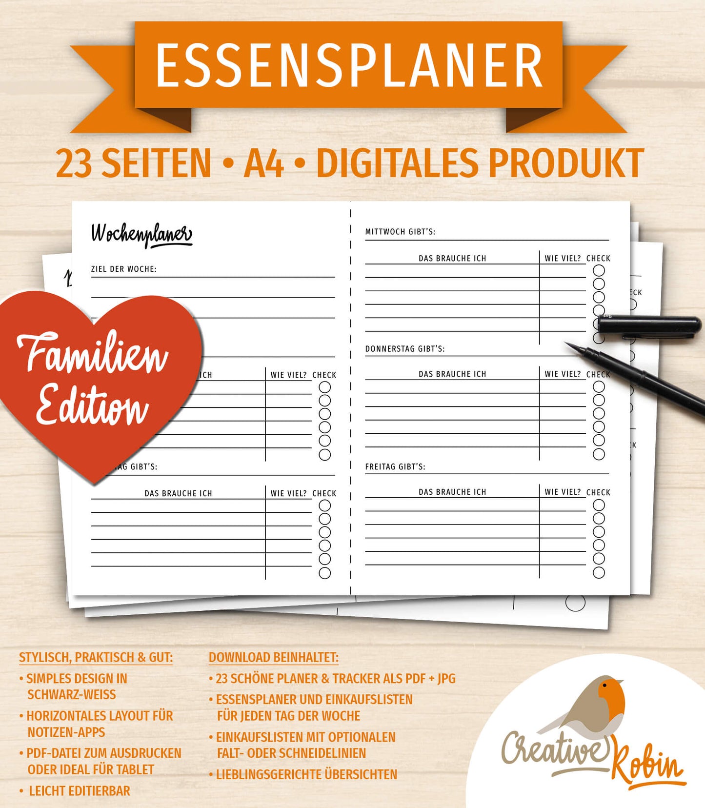 ESSENSPLANER für die ganze Familie mit Einkaufsliste | Plane die Gerichte für die Woche und mach dir direkt eine Einkaufsliste.