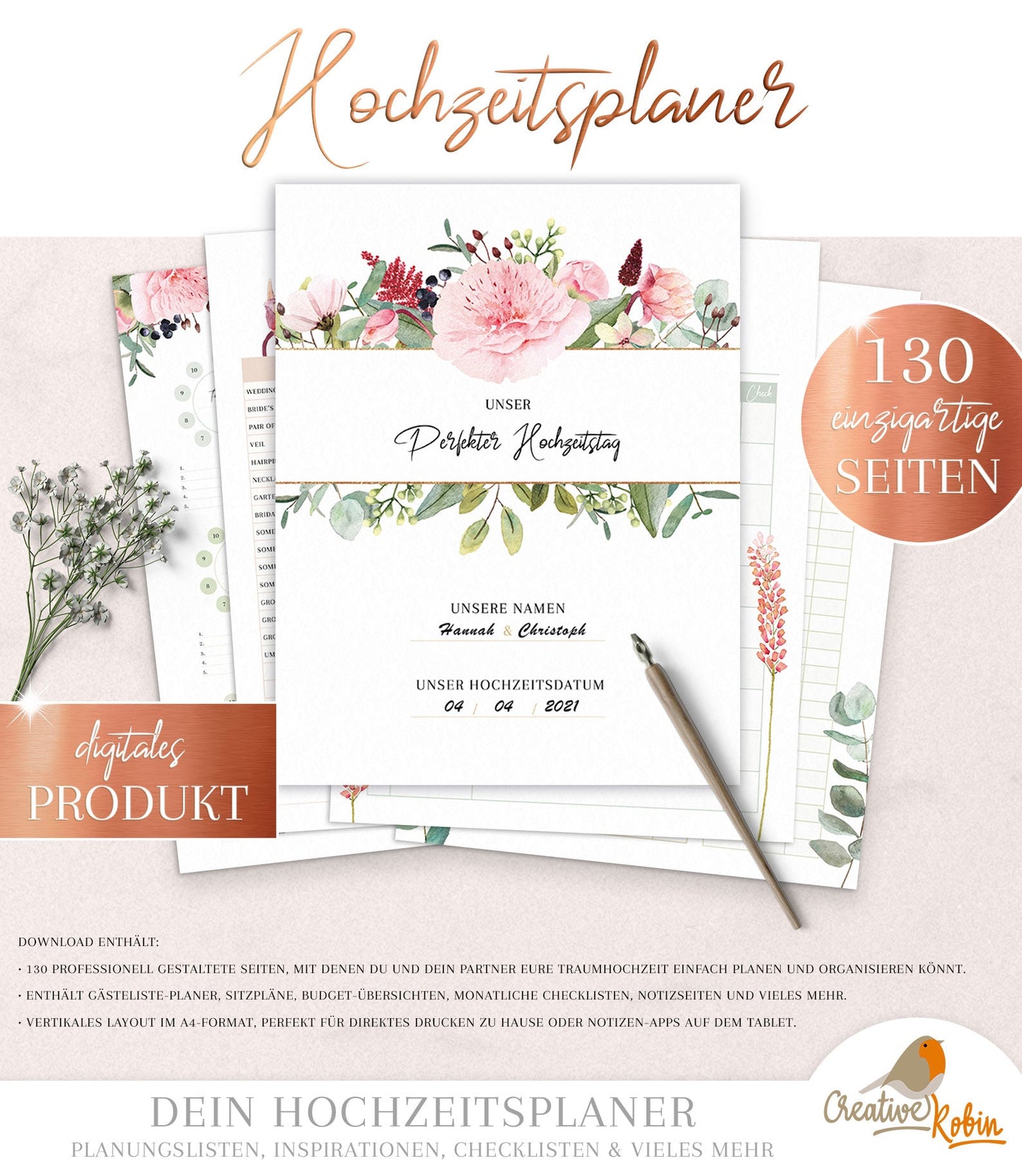 HOCHZEITSPLANER | Hochzeitsplanung Buch | Trauzeugin Planer | Hochzeit planen Checkliste | Hochzeit DIY | 130 Seiten Pdf Planner A4