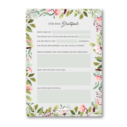Hochzeitswünsche für das Brautpaar als Hochzeitsspiel für 50 Gäste im handlichen A5 Notizblock Format