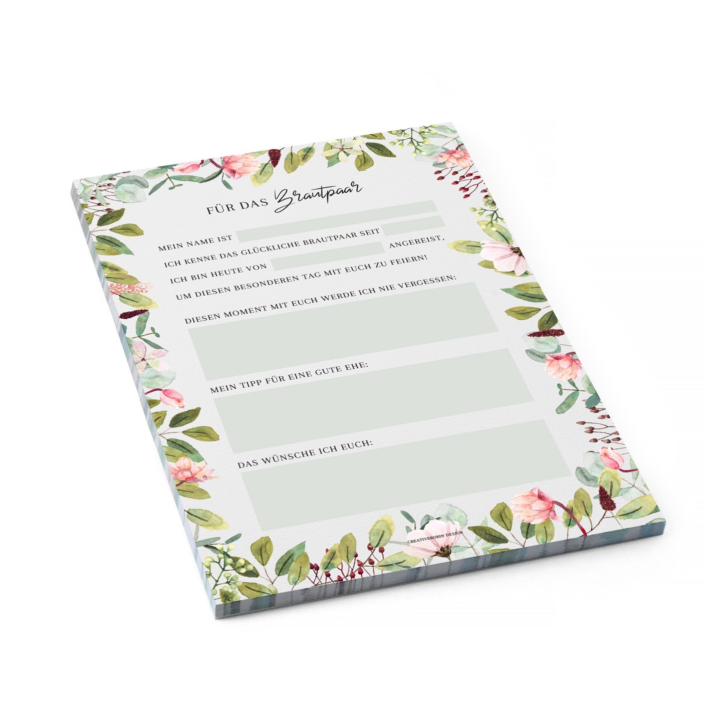 Hochzeitswünsche für das Brautpaar als Hochzeitsspiel für 50 Gäste im handlichen A5 Notizblock Format