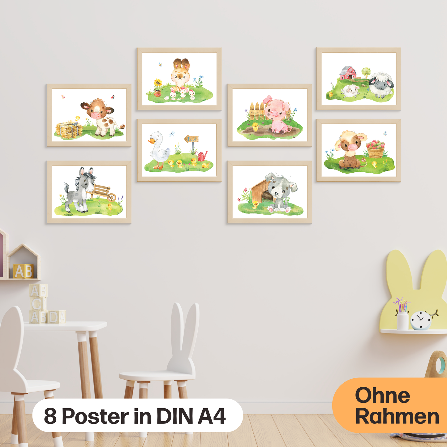 8er Poster Set von Farmtieren fürs Babyzimmer I Süße Kinderzimmer Deko mit Pferdchen, tapsigen Küken & co.