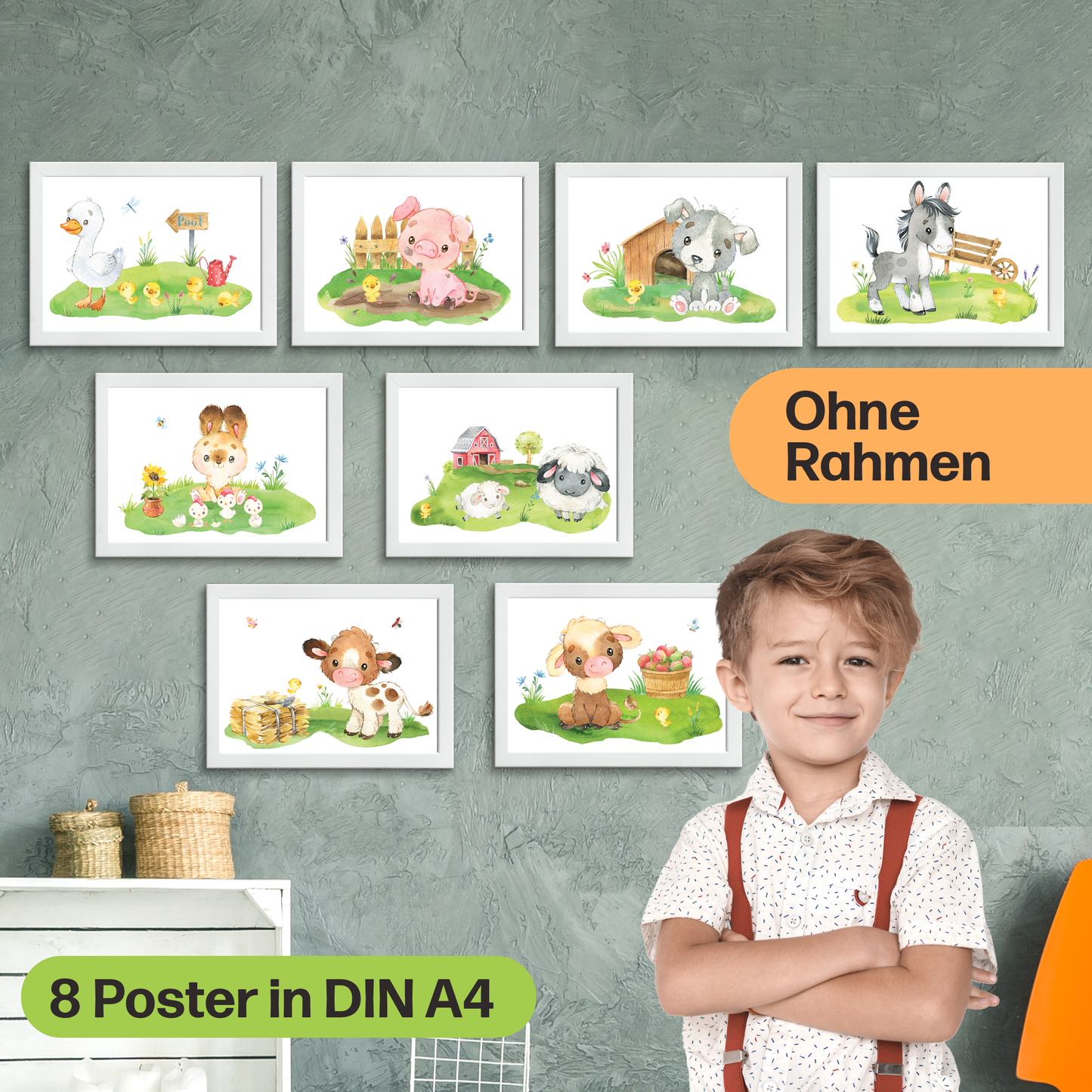 8er Poster Set von Farmtieren fürs Babyzimmer I Süße Kinderzimmer Deko mit Pferdchen, tapsigen Küken & co.