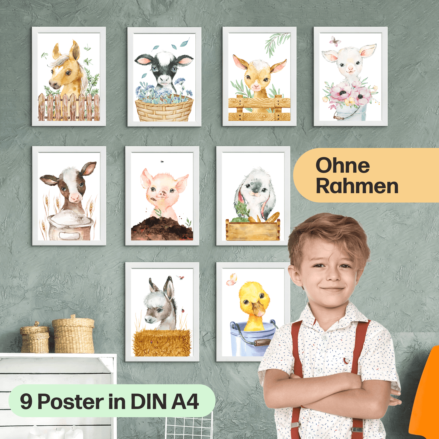 9er FarmTier Poster-Set fürs Kinderzimmer I Fohlen, Ferkel, Kalb, Entenküken uvm. als süße Babyzimmer Deko