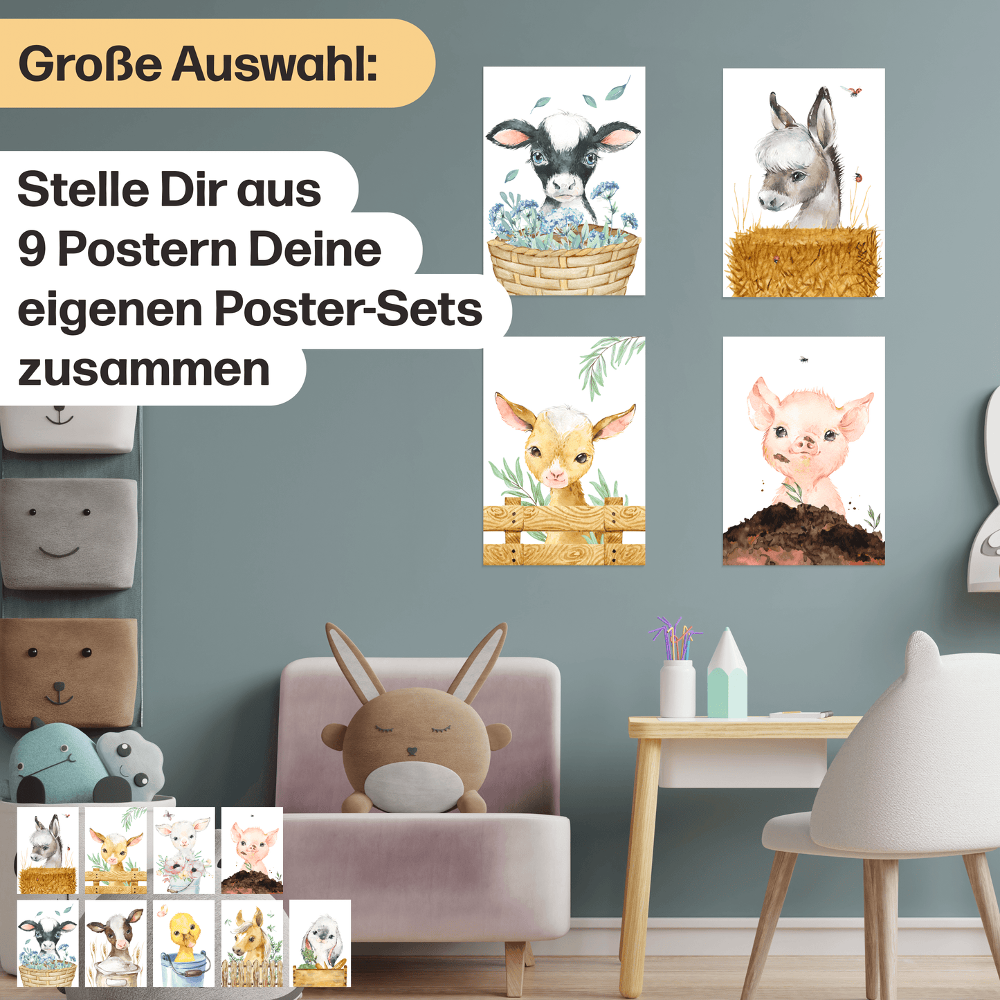9er FarmTier Poster-Set fürs Kinderzimmer I Fohlen, Ferkel, Kalb, Entenküken uvm. als süße Babyzimmer Deko