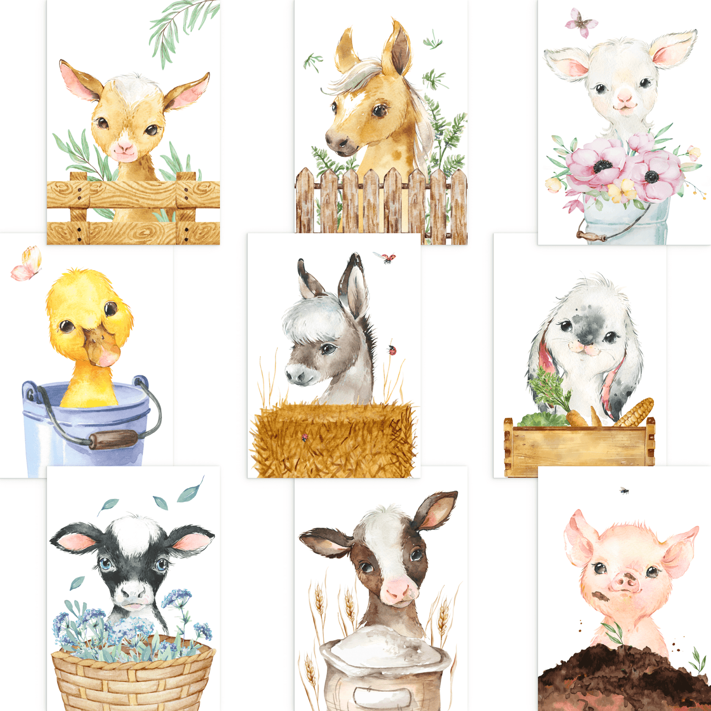 9er FarmTier Poster-Set fürs Kinderzimmer I Fohlen, Ferkel, Kalb, Entenküken uvm. als süße Babyzimmer Deko