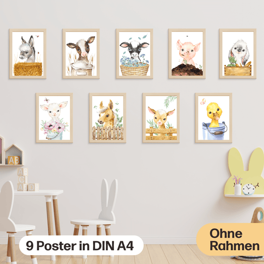 9er FarmTier Poster-Set fürs Kinderzimmer I Fohlen, Ferkel, Kalb, Entenküken uvm. als süße Babyzimmer Deko