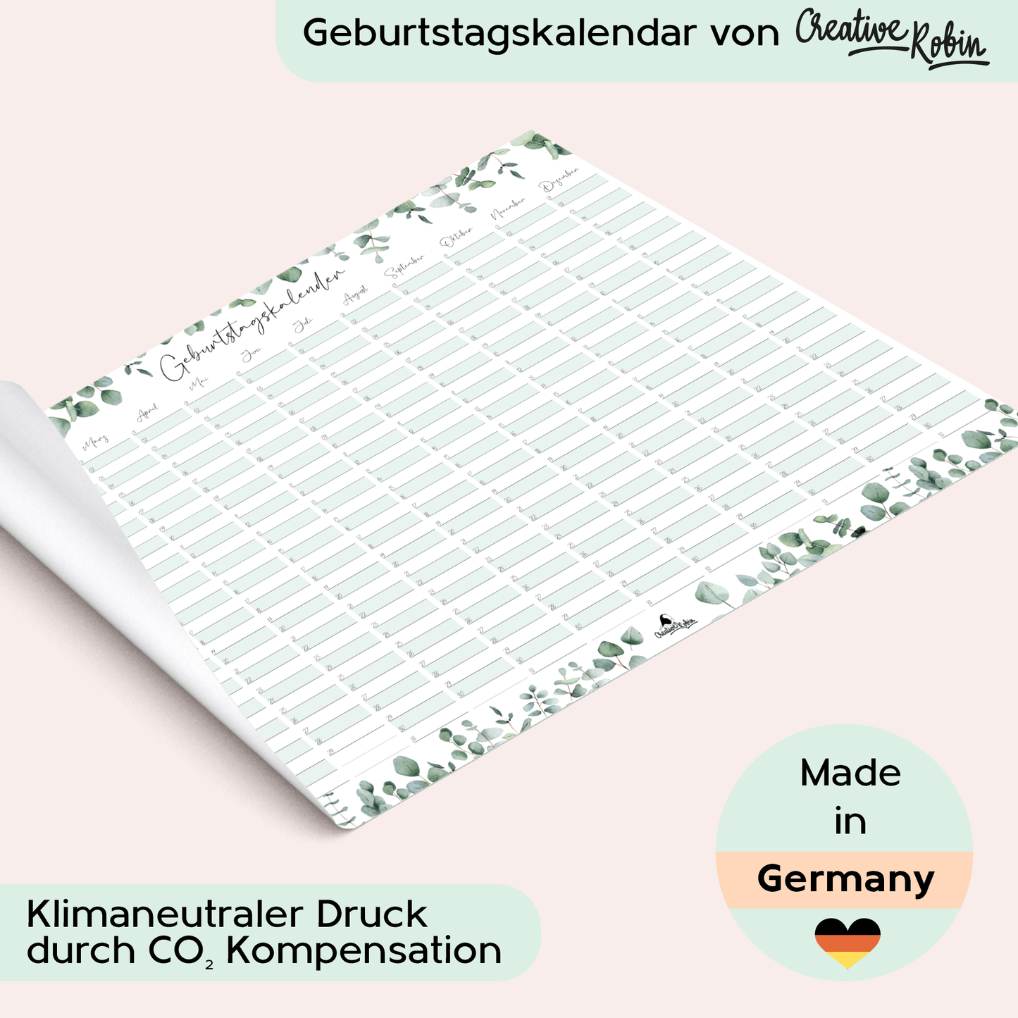 Geburtstagskalender immerwährend Eukalyptus I Jahresunabhängiger Wandkalender I DIN A3 Dauerkalender