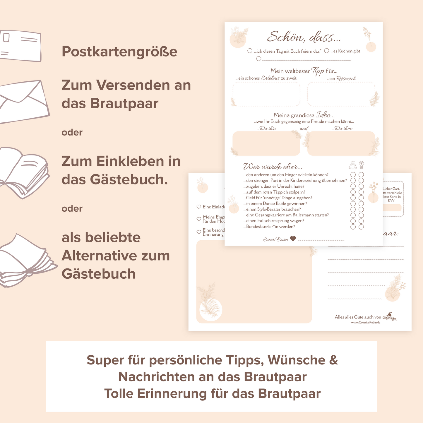 Hochzeitsspiel & Gästebuch-Karten für 50 Gäste im schönem Pampasgras Design