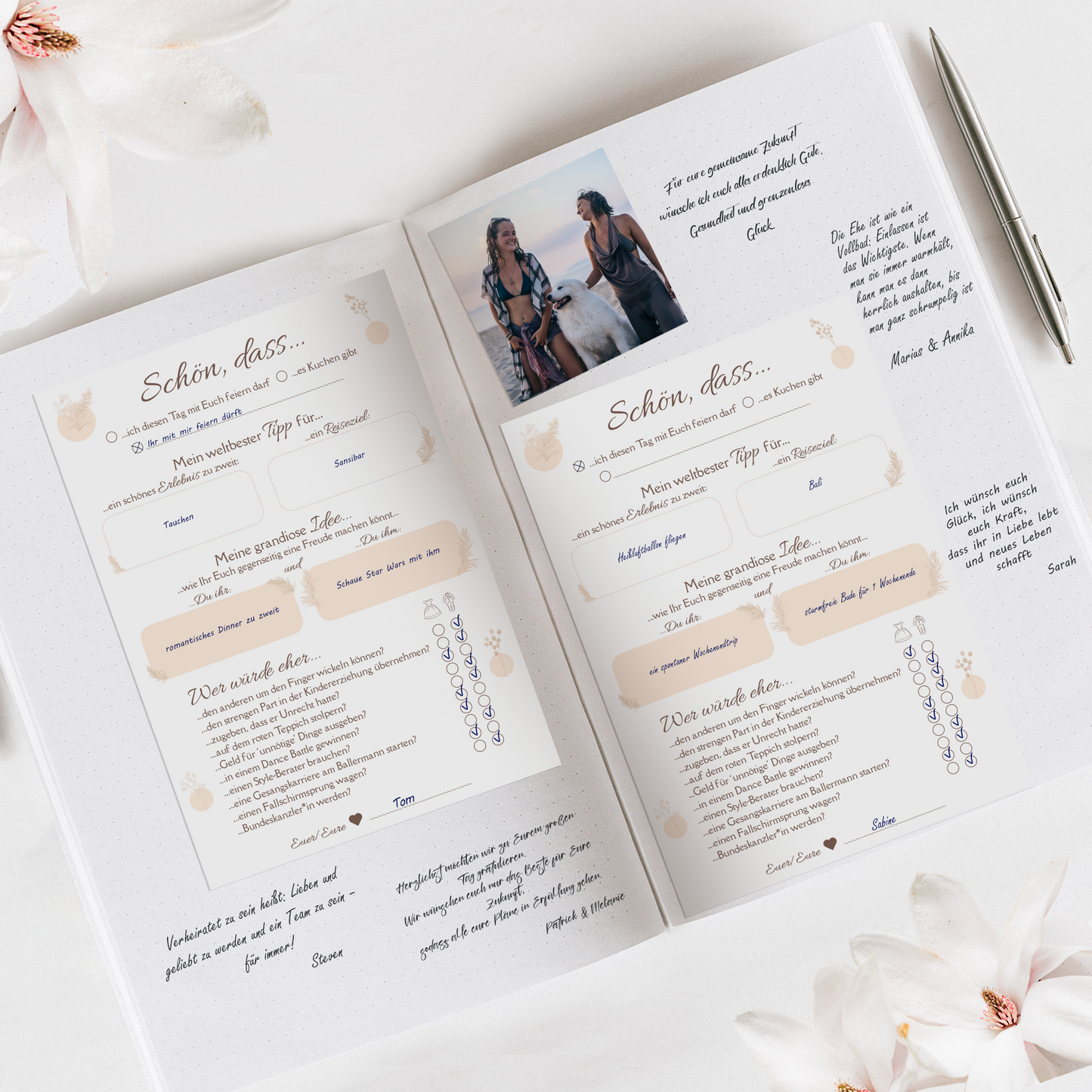 Hochzeitsspiel & Gästebuch-Karten für 50 Gäste im schönem Pampasgras Design