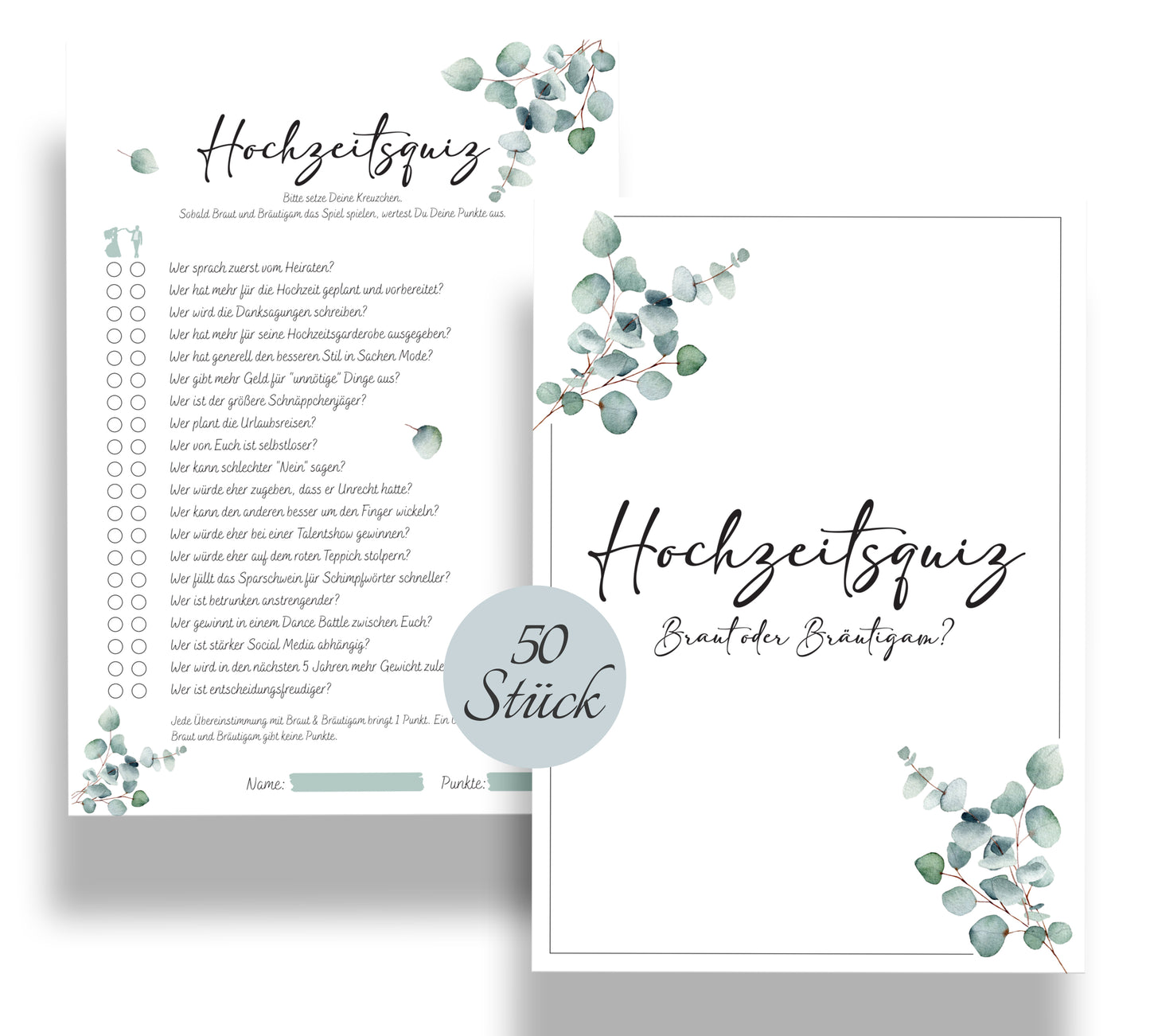 Hochzeitsquiz Braut oder Bräutigam | Er oder Sie | Hochzeitsspiel für Brautpaar & Gäste im Eukalyptus Design | A5 Format