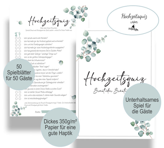 Hochzeitsquiz Braut oder Bräutigam | Er oder Sie | Hochzeitsspiel für Brautpaar & Gäste im Eukalyptus Design | A5 Format