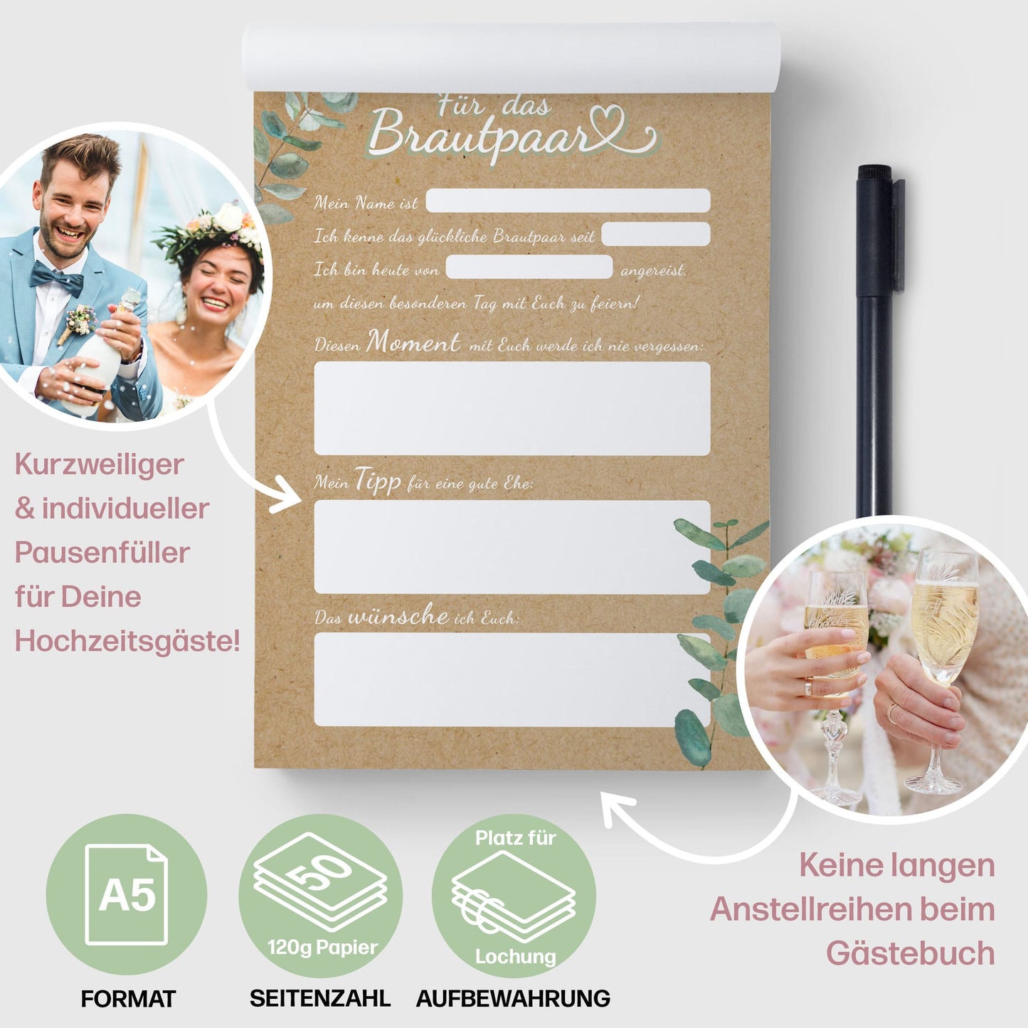 Hochzeitsspiel & Gästebuch Karten für 50 Gäste • im handlichen A5 Notizblock zum Abreißen