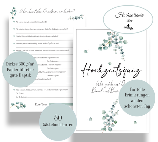 Hochzeitsspiel & Gästebuch-Karten für 50 Gäste I Wer kennt das Brautpaar am besten?