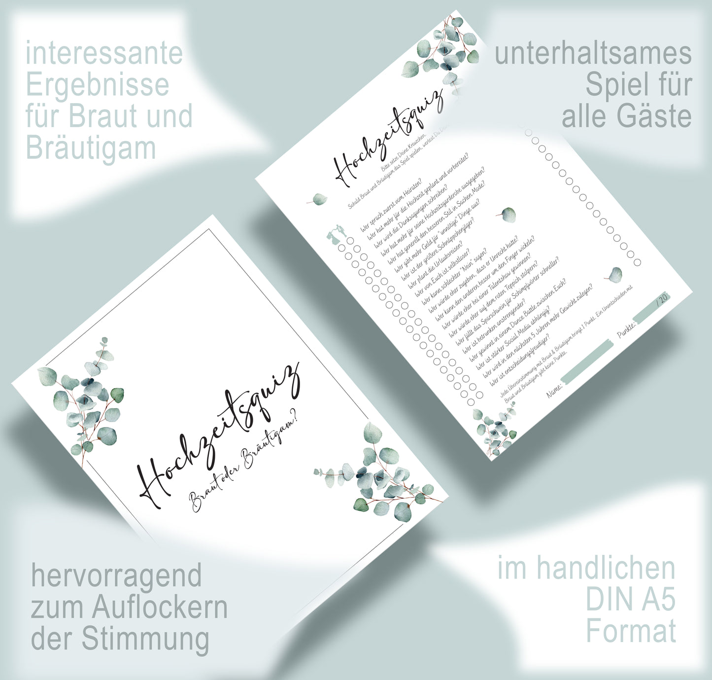 Hochzeitsquiz Braut oder Bräutigam | Er oder Sie | Hochzeitsspiel für Brautpaar & Gäste im Eukalyptus Design | A5 Format