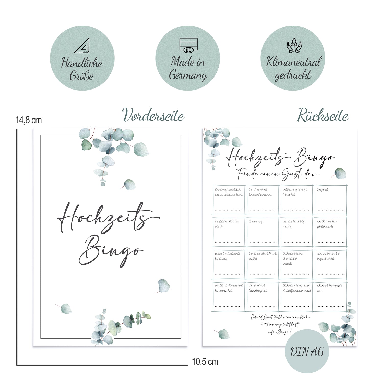Hochzeitsbingo als Hochzeitsspiel für Brautpaar & Gäste im schönen Eukalyptus Design I 50 Blätter