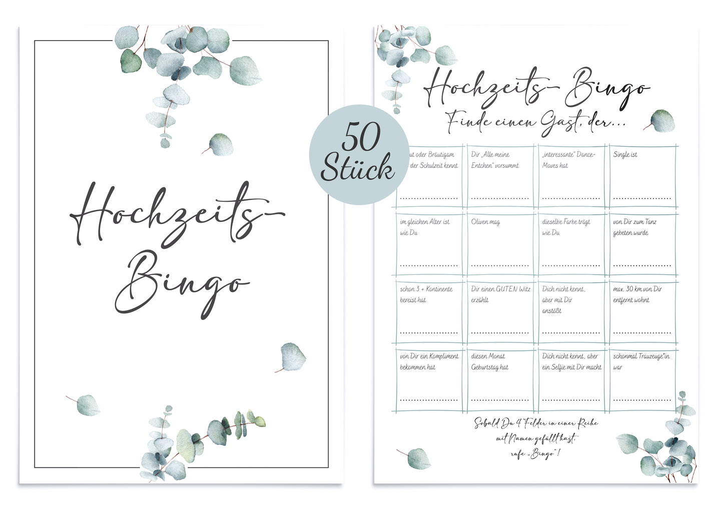 Hochzeitsbingo als Hochzeitsspiel für Brautpaar & Gäste im schönen Eukalyptus Design I 50 Blätter