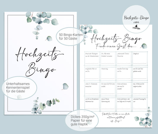 Hochzeitsbingo als Hochzeitsspiel für Brautpaar & Gäste im schönen Eukalyptus Design I 50 Blätter