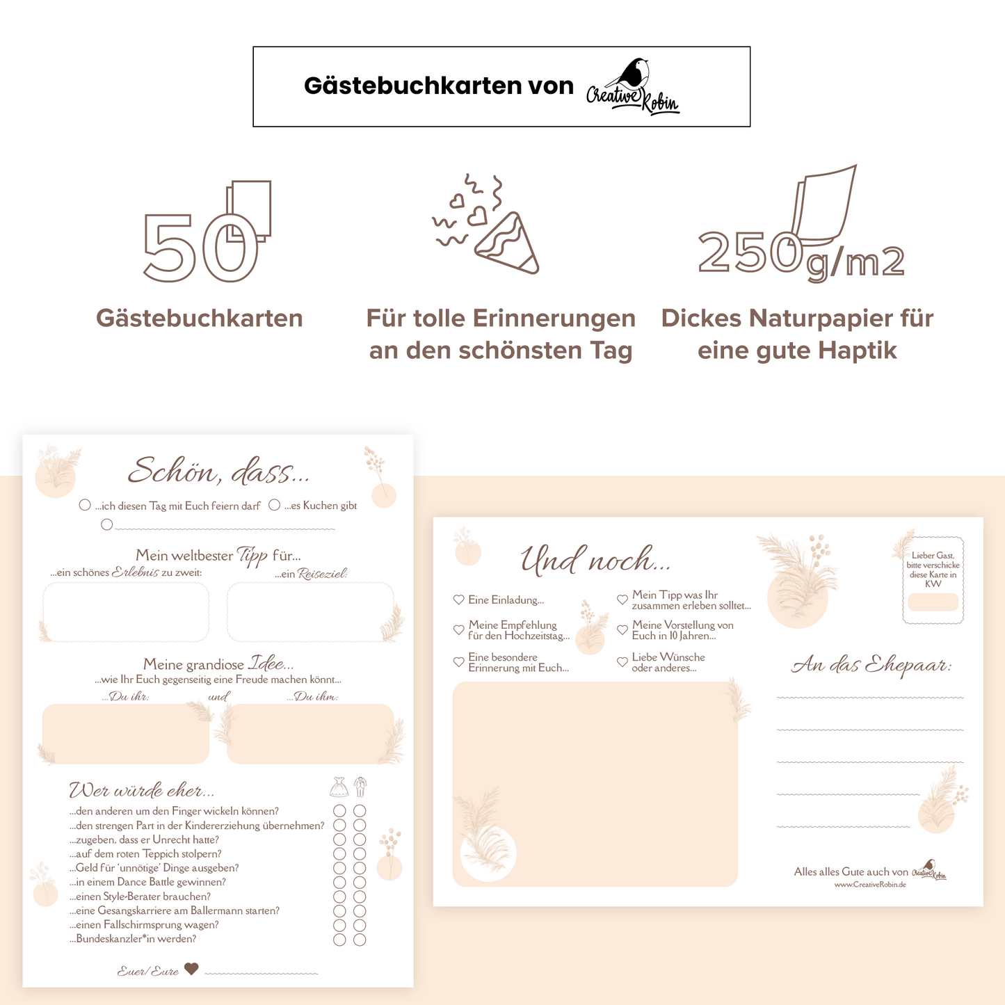 Hochzeitsspiel & Gästebuch-Karten für 50 Gäste im schönem Pampasgras Design