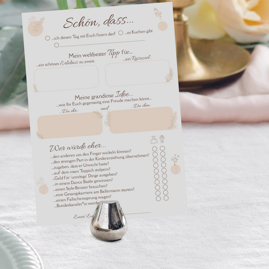 Hochzeitsspiel & Gästebuch-Karten für 50 Gäste im schönem Pampasgras Design