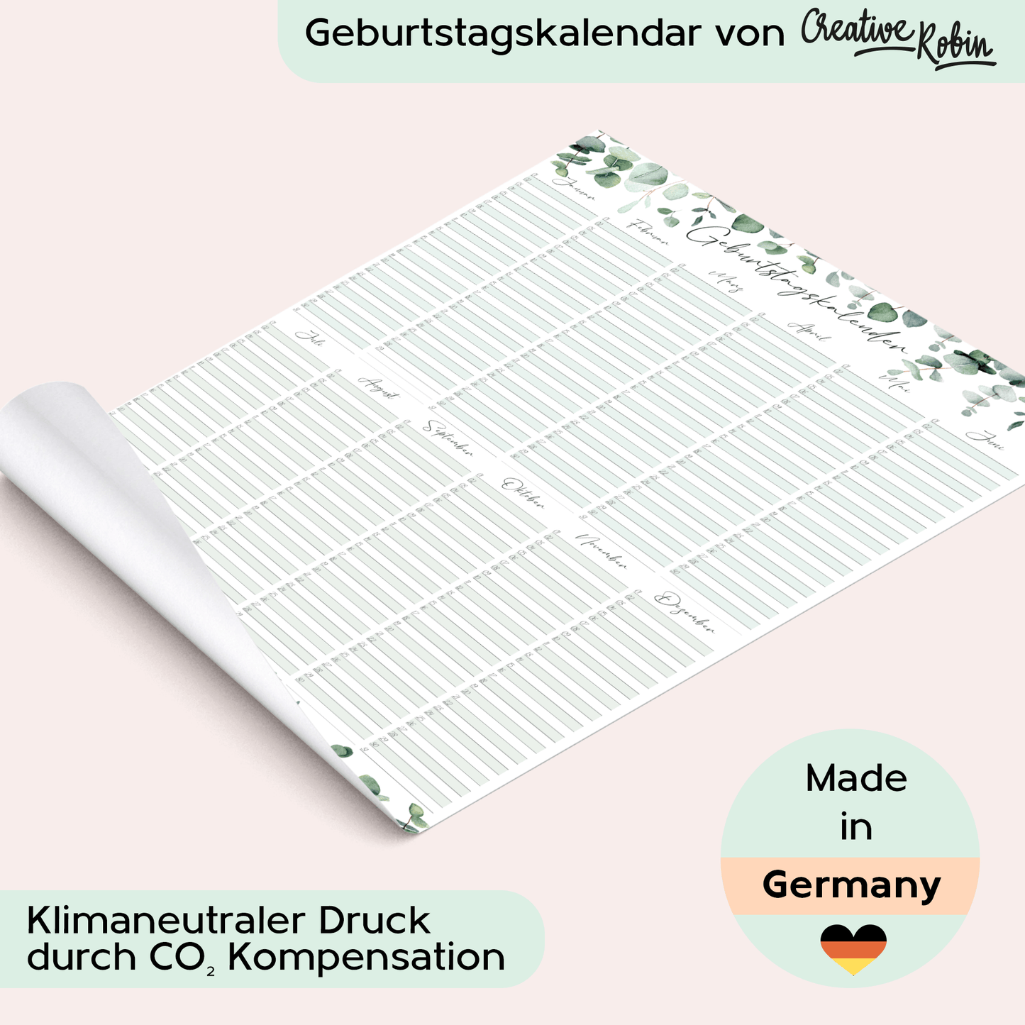 Geburtstagskalender immerwährend Eukalyptus I Jahresunabhängiger Wandkalender I DIN A3 Dauerkalender