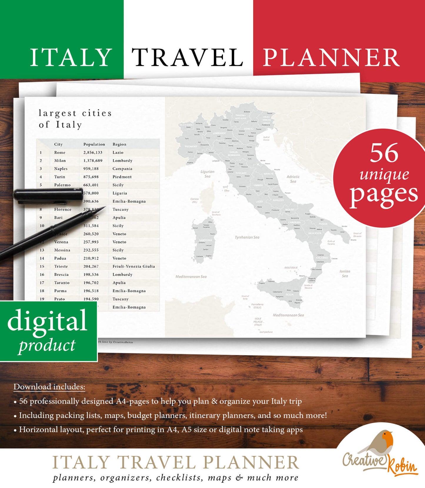 Italien Reiseplaner | mit 56 PDF Seiten | Planer zum Ausdrucken - englisch