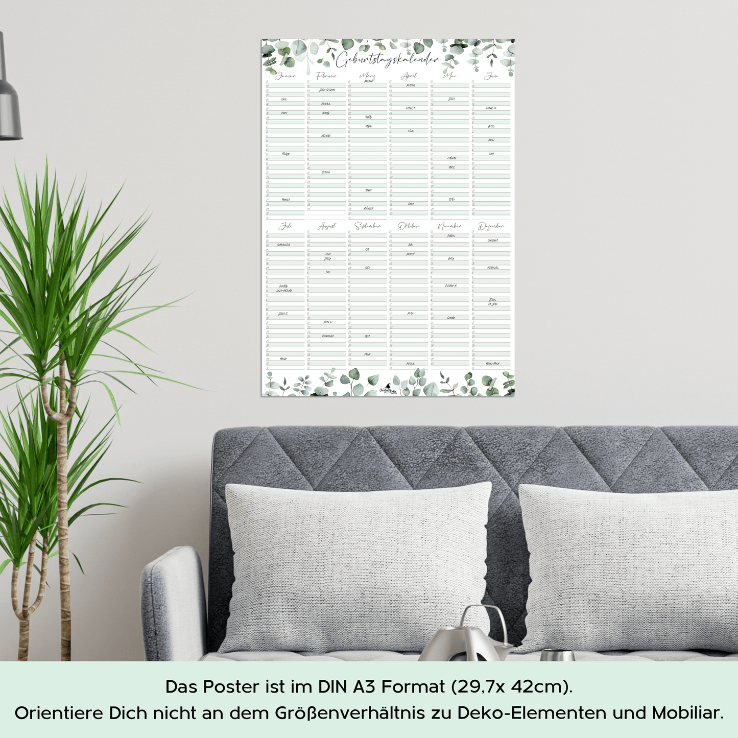 Geburtstagskalender immerwährend Eukalyptus I Jahresunabhängiger Wandkalender I DIN A3 Dauerkalender