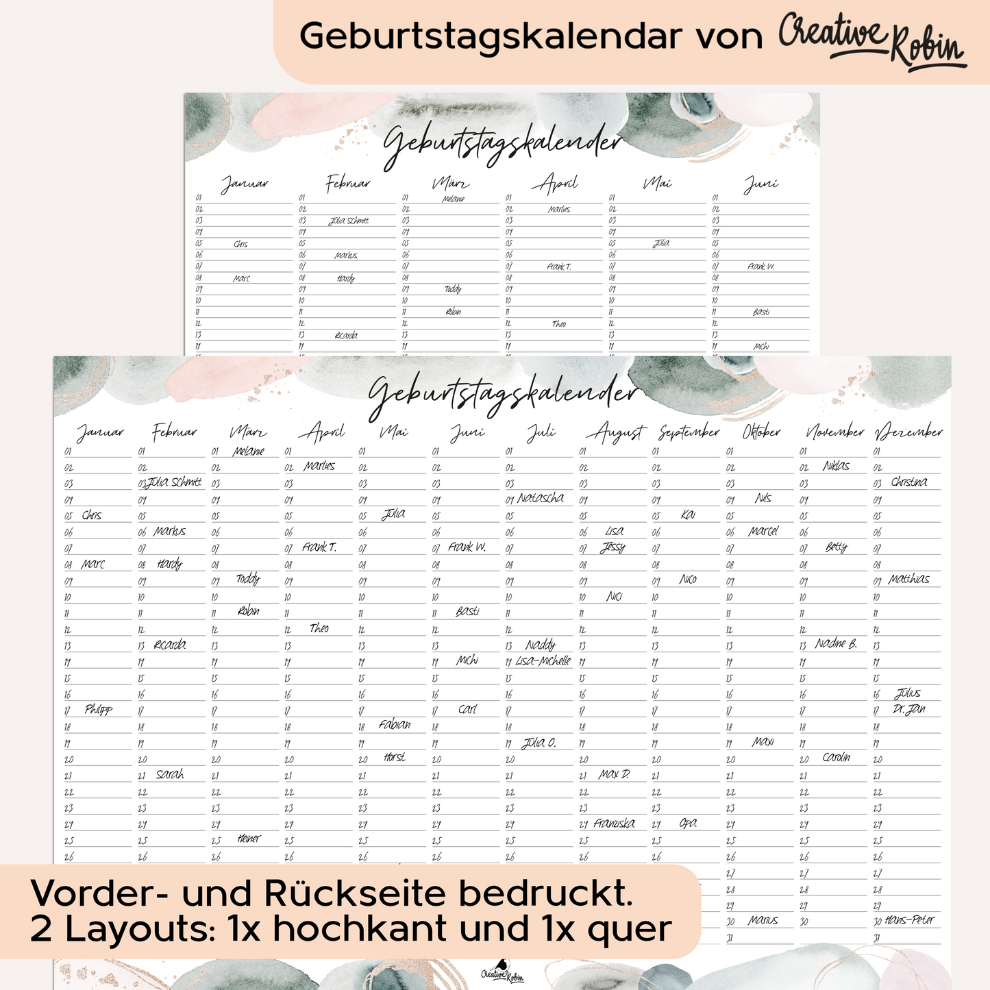 Geburtstagskalender immerwährend skandinavischer Wasserfarben Stil I Jahresunabhängiger Wandkalender I DIN A3 & A2 Dauerkalender