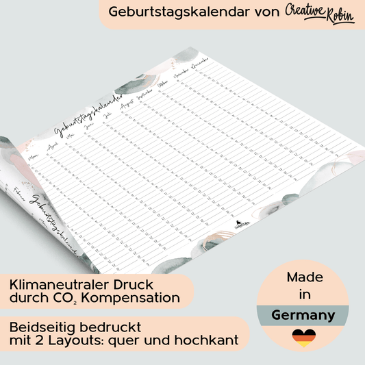 Geburtstagskalender immerwährend skandinavischer Wasserfarben Stil I Jahresunabhängiger Wandkalender I DIN A3 & A2 Dauerkalender