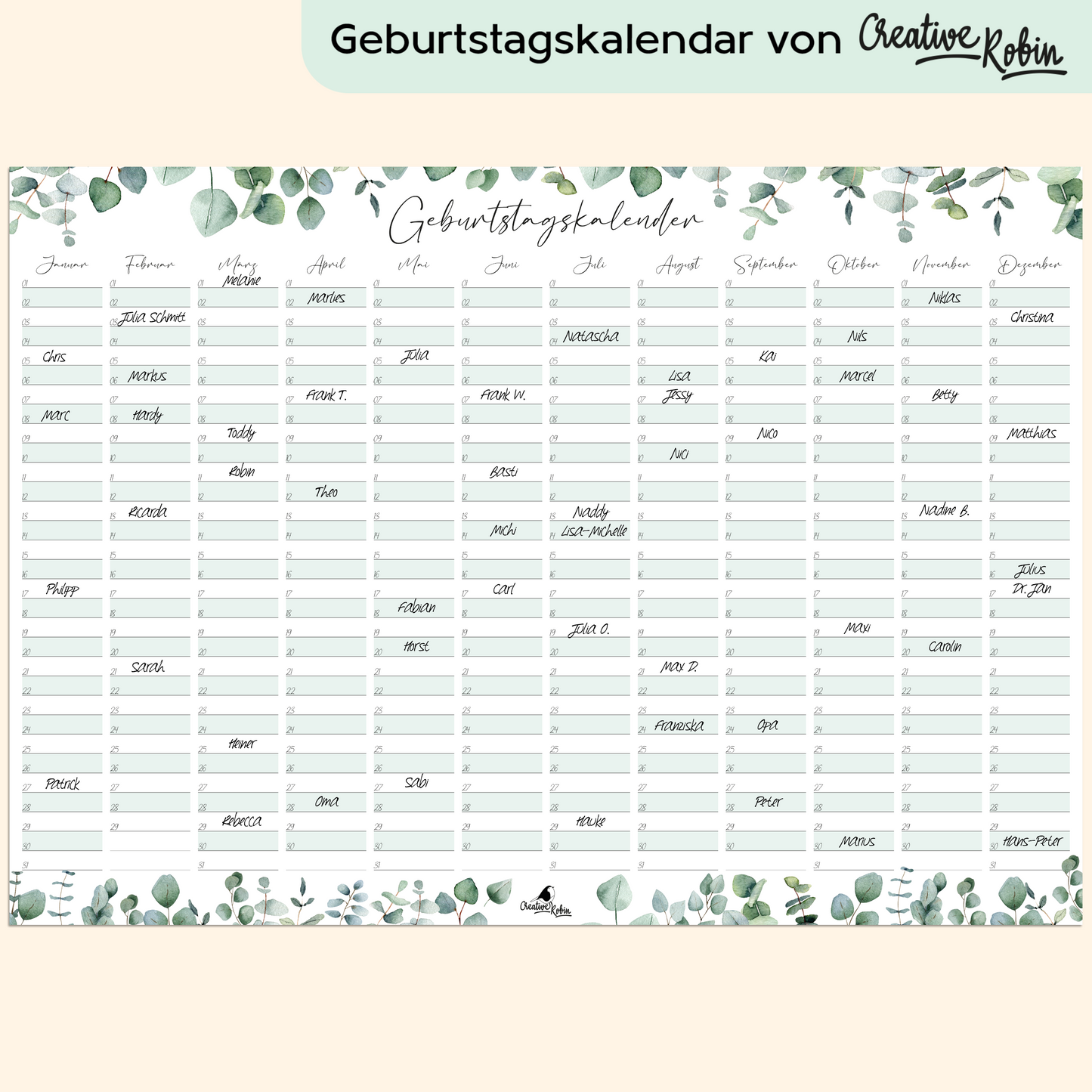 Geburtstagskalender immerwƤhrend Eukalyptus I JahresunabhƤngiger Wandkalender I DIN A3 Dauerkalender