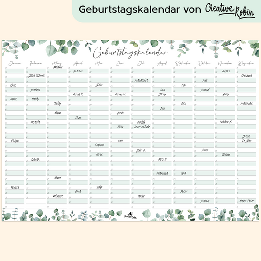 Geburtstagskalender immerwährend Eukalyptus I Jahresunabhängiger Wandkalender I DIN A3 Dauerkalender