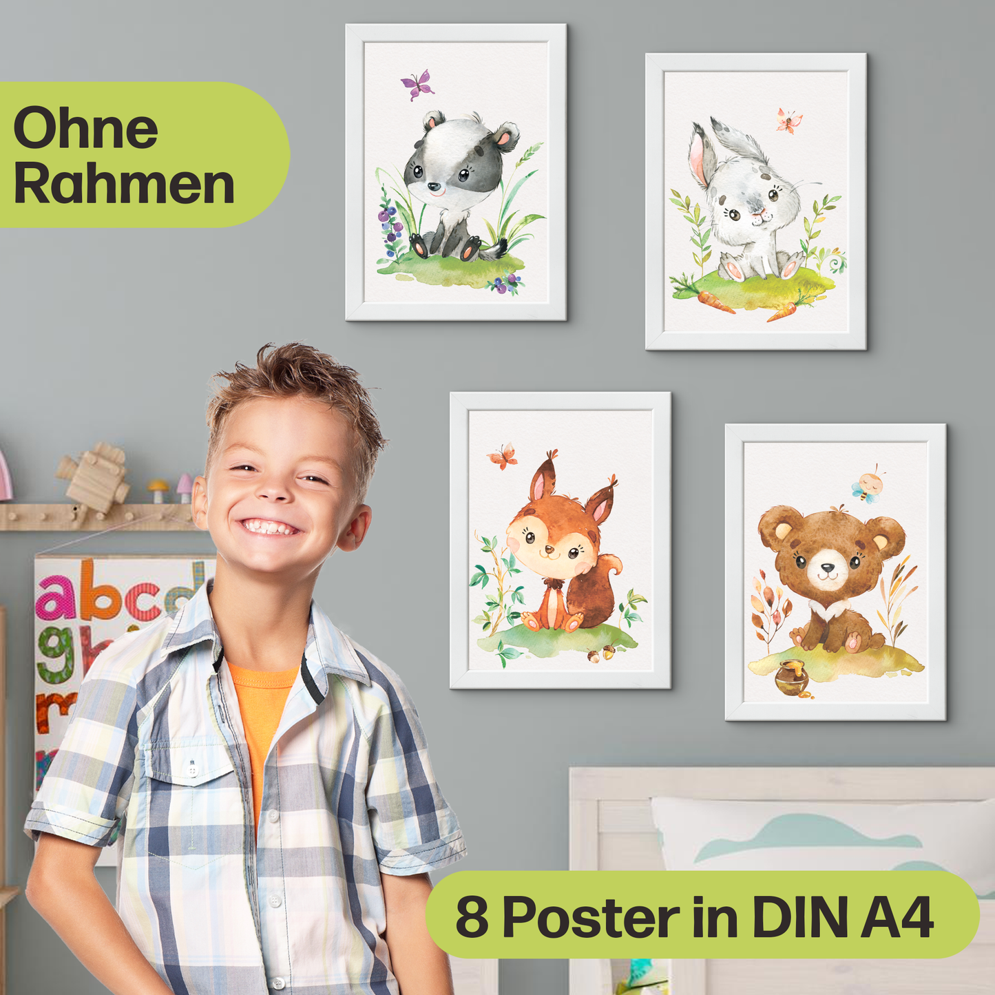 8er Waldtier Poster-Set fürs Kinderzimmer I Süße Babyzimmer Deko mit Elch, Biber, Häschen, Dachs & co.