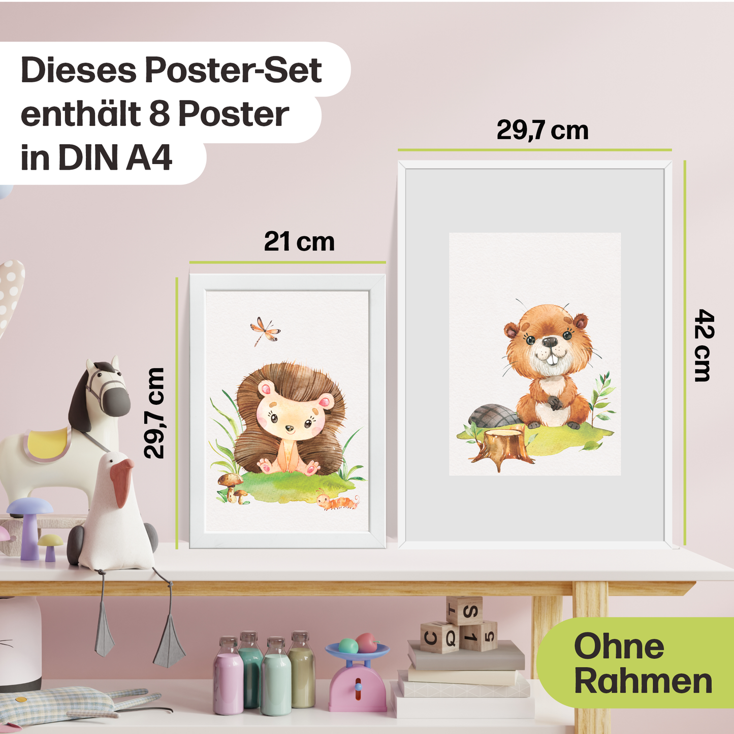 8er Waldtier Poster-Set fürs Kinderzimmer I Süße Babyzimmer Deko mit Elch, Biber, Häschen, Dachs & co.