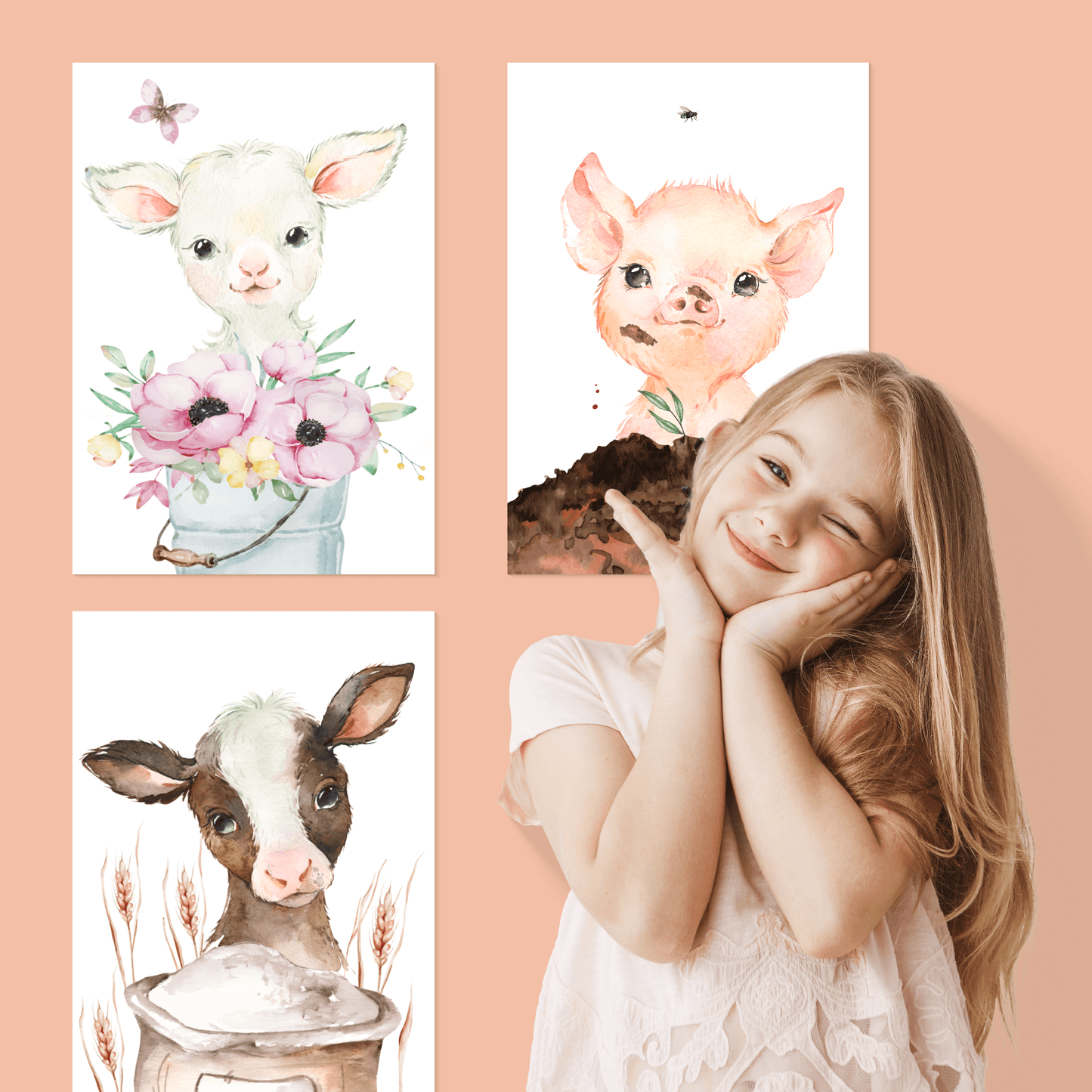 9er FarmTier Poster-Set fürs Kinderzimmer I Fohlen, Ferkel, Kalb, Entenküken uvm. als süße Babyzimmer Deko