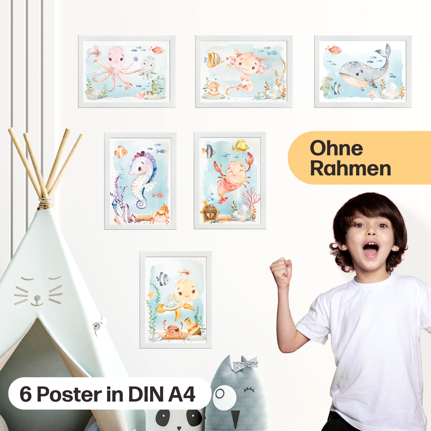 Meerestiere Poster-Set fürs Babyzimmer I Schildkröte, Wal, Seepferdchen & co. als schöne Kinderzimmer Deko I ohne Rahmen