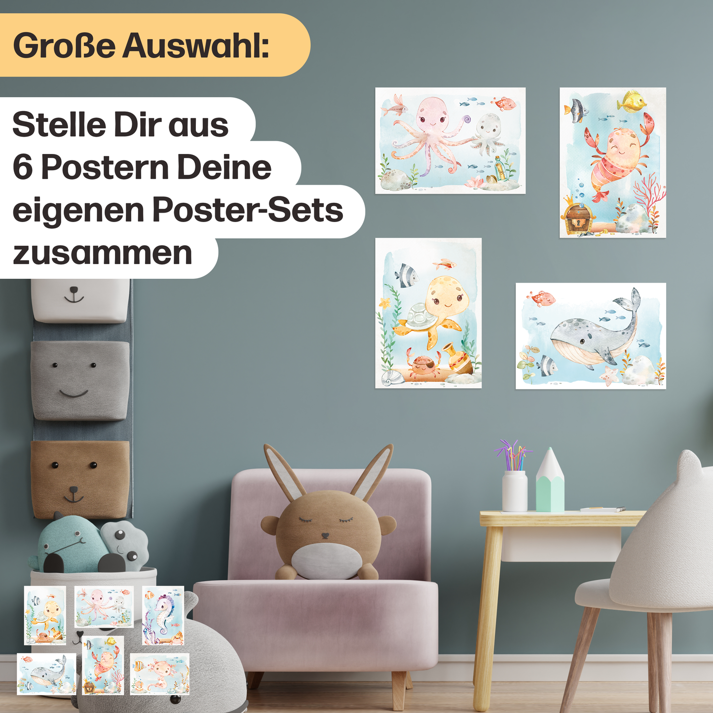 Meerestiere Poster-Set fürs Babyzimmer I Schildkröte, Wal, Seepferdchen & co. als schöne Kinderzimmer Deko I ohne Rahmen
