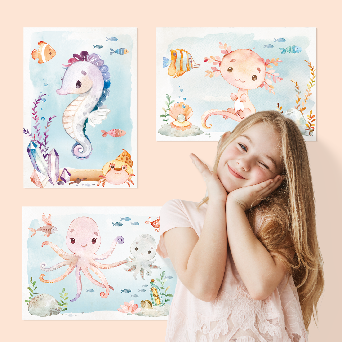 Meerestiere Poster-Set fürs Babyzimmer I Schildkröte, Wal, Seepferdchen & co. als schöne Kinderzimmer Deko I ohne Rahmen