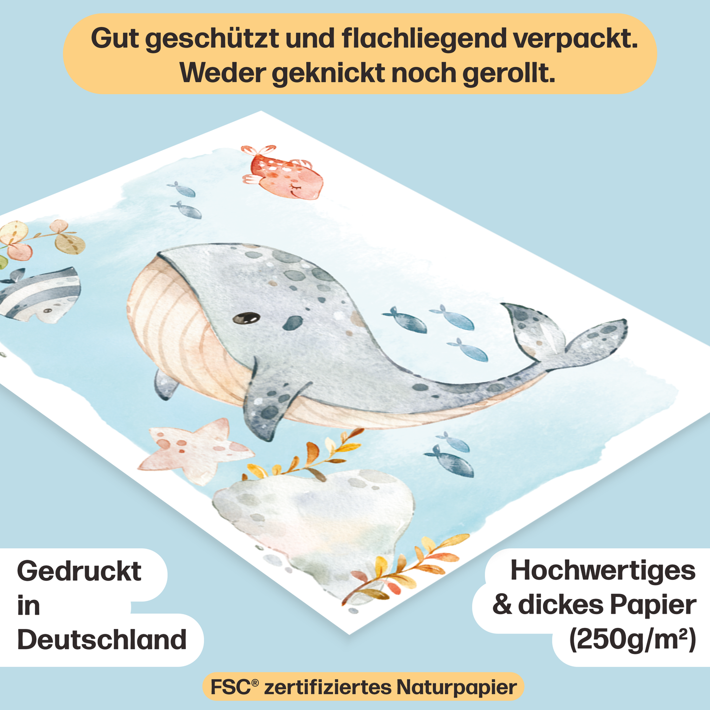 Meerestiere Poster-Set fürs Babyzimmer I Schildkröte, Wal, Seepferdchen & co. als schöne Kinderzimmer Deko I ohne Rahmen