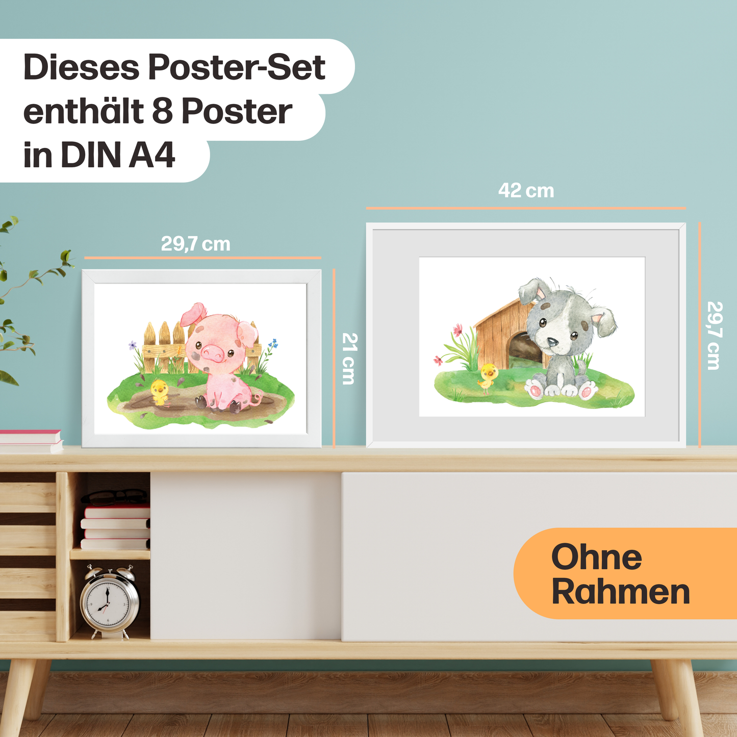 8er Poster Set von Farmtieren fürs Babyzimmer I Süße Kinderzimmer Deko mit Pferdchen, tapsigen Küken & co.