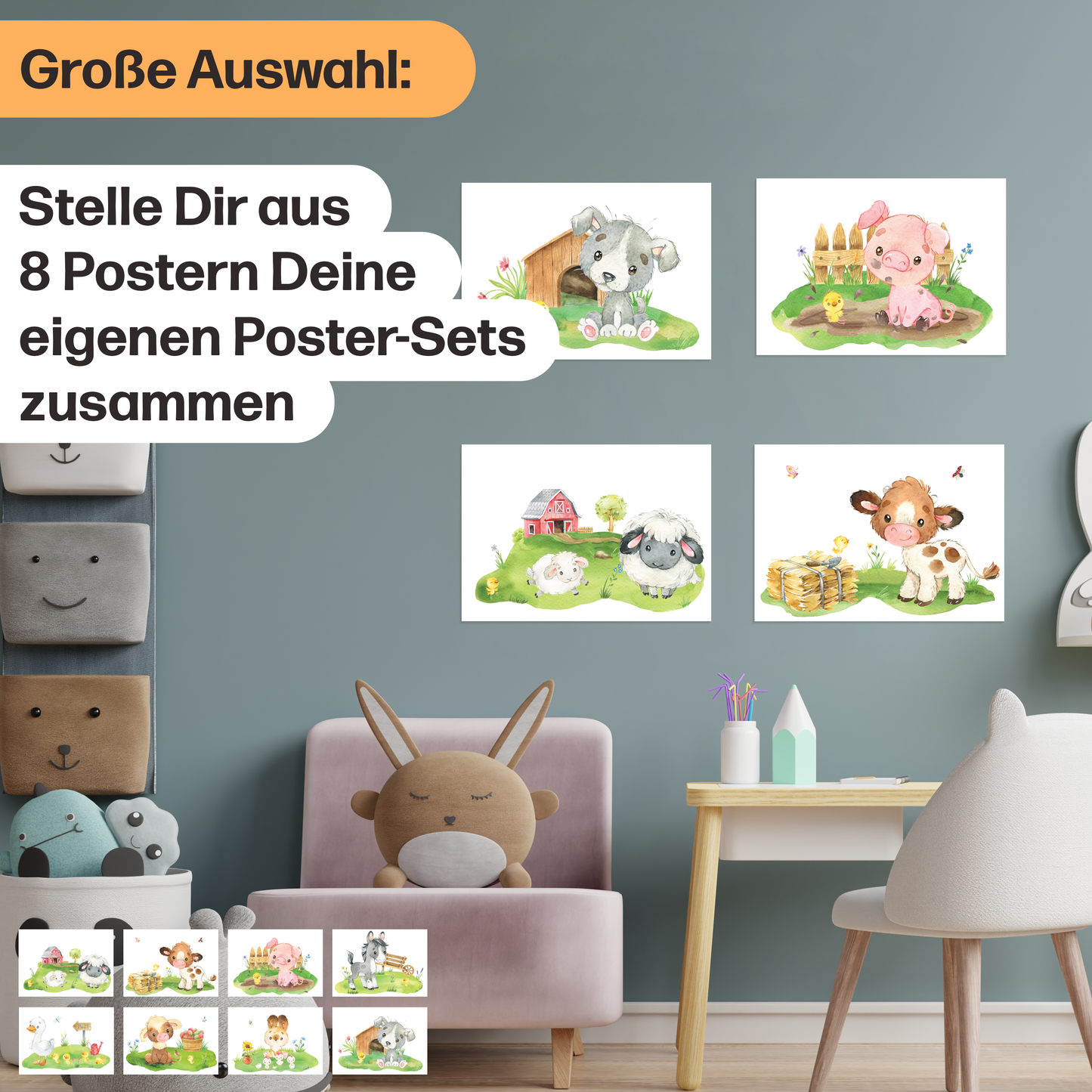 8er Poster Set von Farmtieren fürs Babyzimmer I Süße Kinderzimmer Deko mit Pferdchen, tapsigen Küken & co.