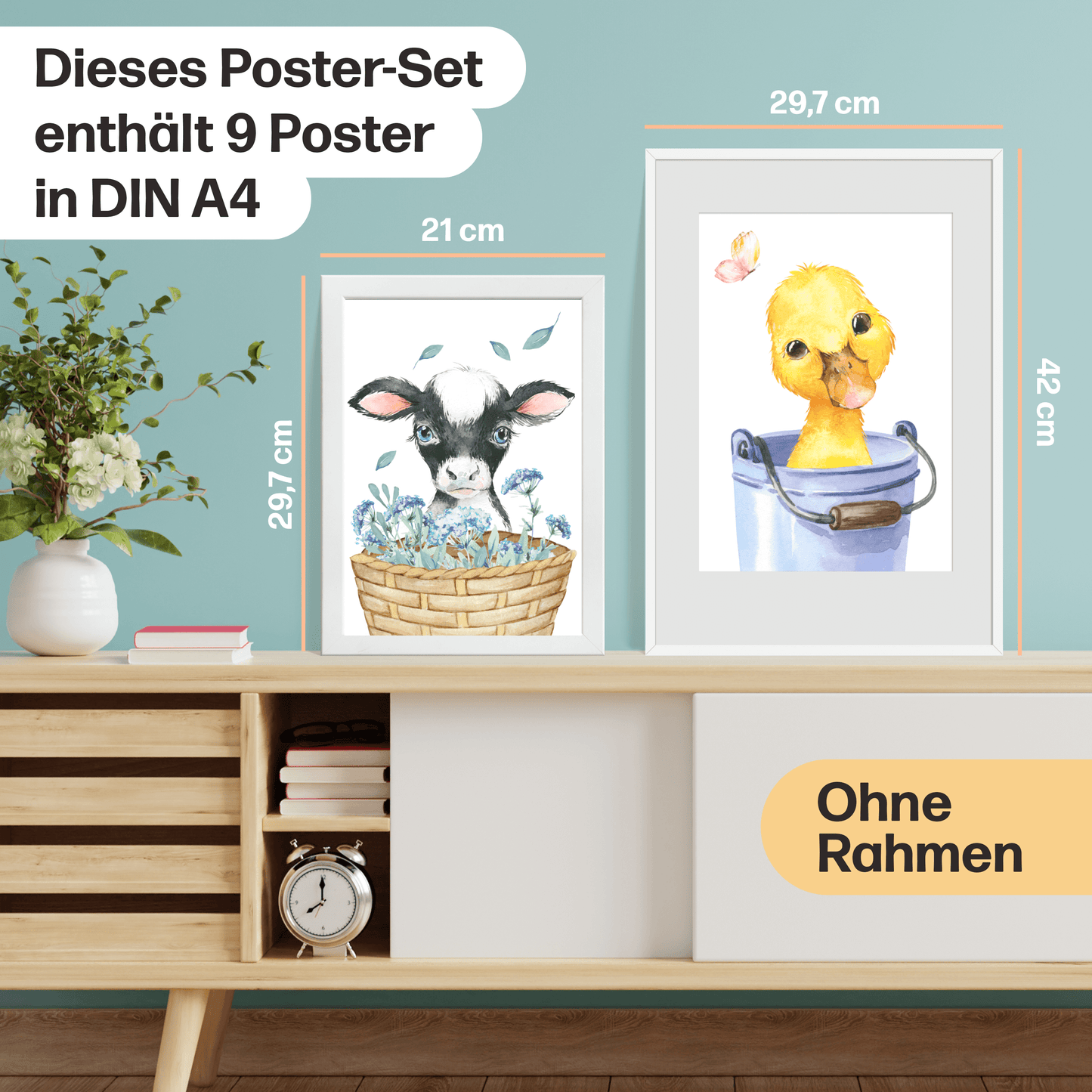 9er FarmTier Poster-Set fürs Kinderzimmer I Fohlen, Ferkel, Kalb, Entenküken uvm. als süße Babyzimmer Deko