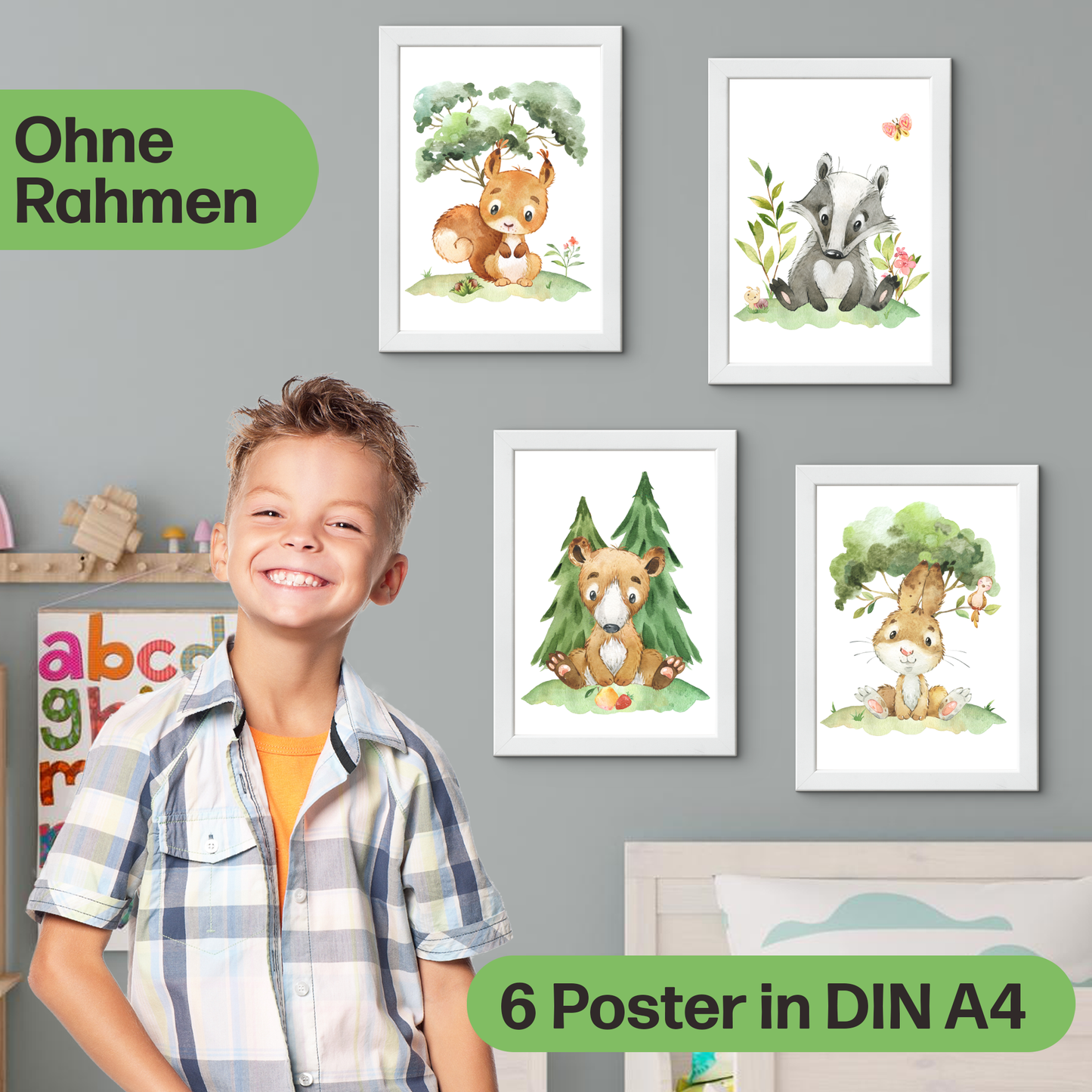 Süßes 6er Waldtier Poster-Set fürs Kinderzimmer I Schöne Babyzimmer Deko mit Bär, Fuchs, Igel und co.